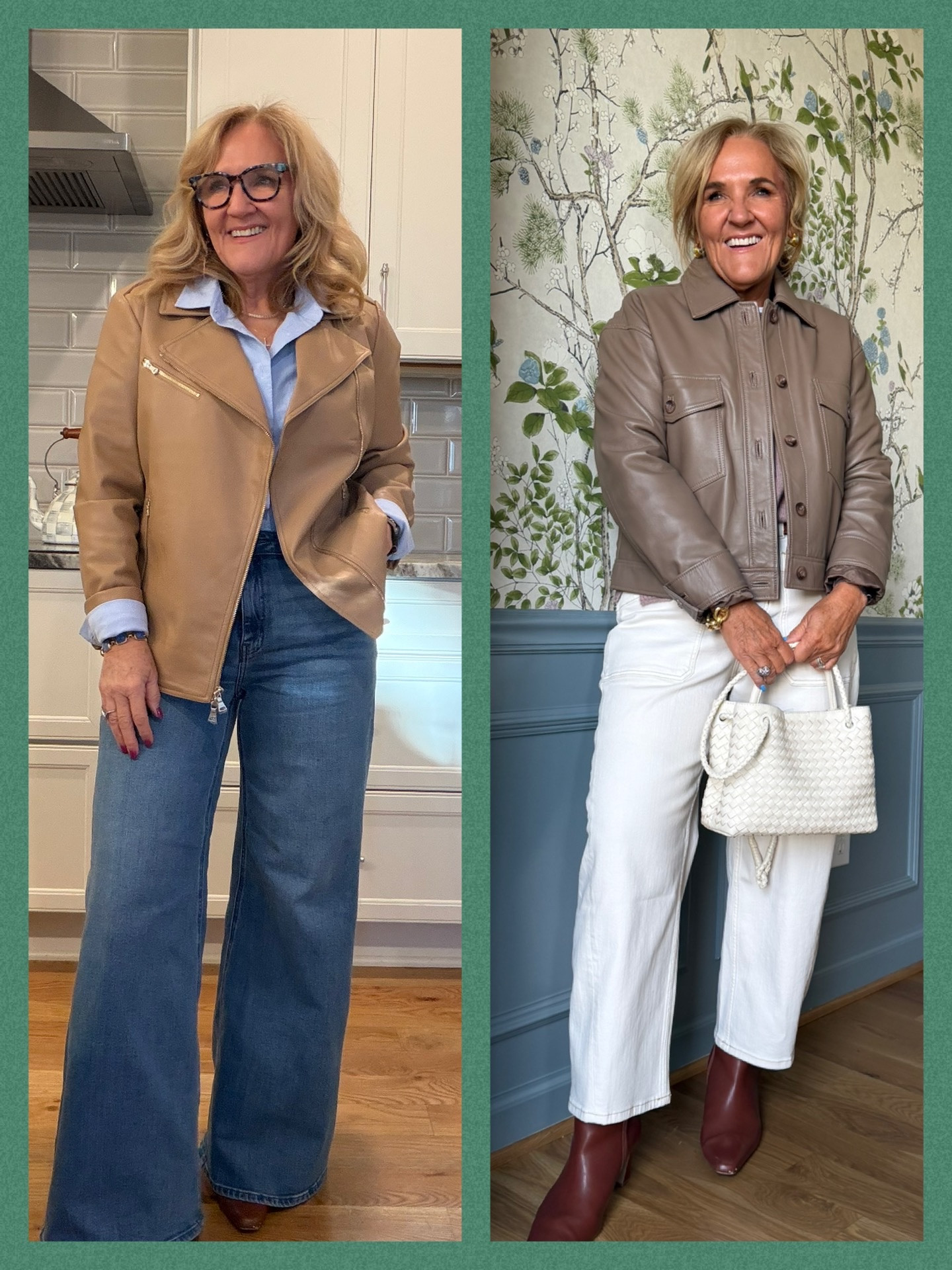 Faux leather or real leather? Both great options for spring. 
Chicos faux leather size 1.0
Quince genuine leather size medium 
Palazzo jeans size 29
Barrel jeans medium petite 
Great wear now outfits! 

#LTKPetite #LTKOver40 #LTKSeasonal