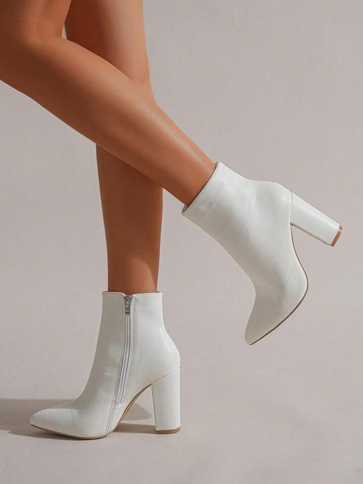 Women's Fashionable Classic White Arrow Head Chunky Heel Side Zipper Ankle Boots | SHEIN