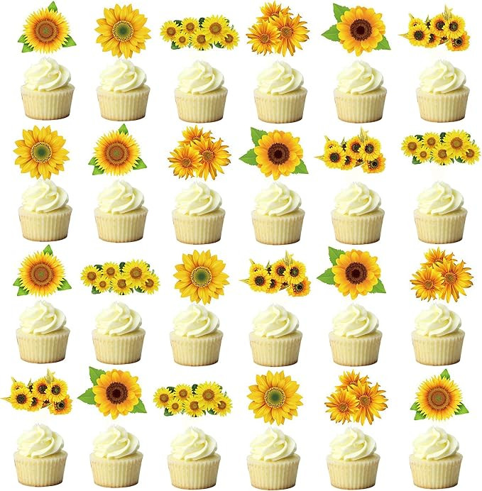 Fenghu 48 Pcs Sunflower Cupcake Toppers for Sunflower Birthday Party Decorations Supplies | Amazon (US)