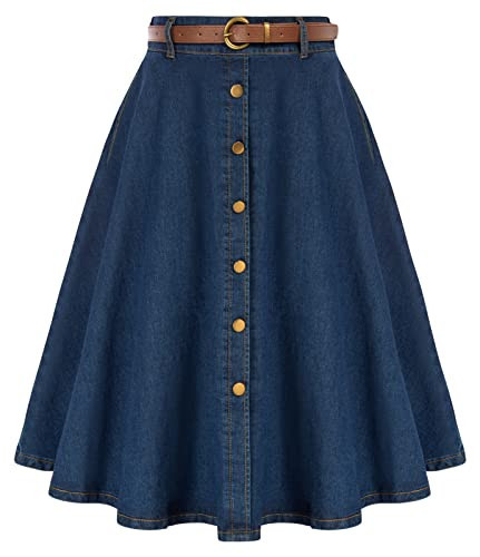 Belle Poque Plus Size Denim Skirts for Women Summer Casual Knee Length Button Up Flared Denim Midi Skirt | Amazon (US)