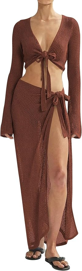 Cakulo Womens 2 Piece Crochet Swimsuit Cover Up Skirt Sets Tie Front Crop Tops Sarong Wraps 2026 ... | Amazon (US)