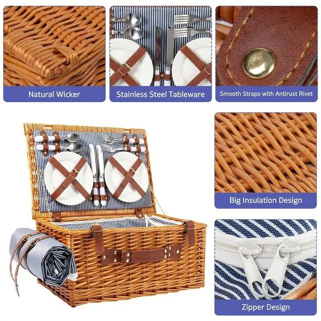 iLivin Hand-Woven Wicker Picnic Basket for 4, Insulated Cooler Bag & Waterproof Picnic Blanket, G... | Walmart (US)