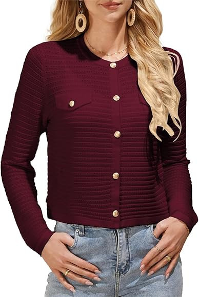 GRACE KARIN Damen Elegante Strickjacke Langarm Cardigan Rundhalsausschnitt Strickjacke mit Knopf | Amazon (DE)