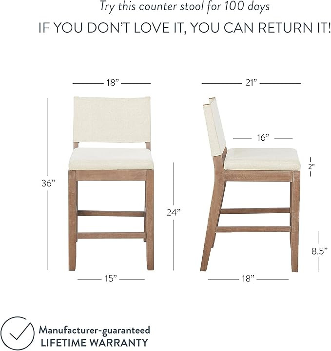 Linus Modern Upholstered Counter Height Bar Stool with Back and Solid Rubberwood Legs in a Wire-B... | Amazon (US)