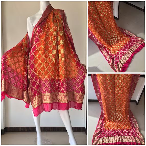 Bridal Banarsi Silk Dupatta Orange Pink Zari Bandhej Bandhani Shawl Handmade Scarve Hizab Stole V... | Etsy (US)