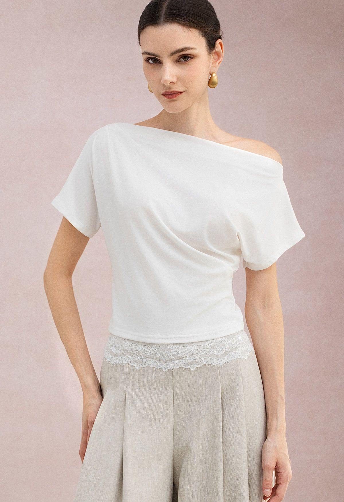 Lace Hem Panel Slant Shoulder Top in White for City Nights & Resort Styling | Chicwish