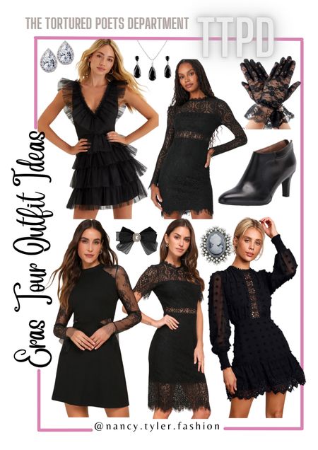 The Tortured Poets Department Taylor Swift Black Lace Outfit Ideas. 📝🤍 Eras Tour 2024 outfit ideas!  🤍🪶I linked some other items to this post as well. 🤍📚📖
#TaylorSwift #ErasTour #TTPDTaylorSwift  #TaylorSwiftTTPD #TheTorturedPoetsDepartment #TheTorturedPoetsDepartmentTaylorSwift Taylor Swift Eras Tour Ideas, Taylor Swift Lover Era, Taylor Swift 1989, Taylor Swift Movie, Taylor Swift Fearless, Taylor Swift Speak Now, Taylor Swift Red, Taylor Swift reputation, Taylor Swift evermore, Taylor Swift folklore, Taylor Swift outfits, Taylor Swift Eras Tour outfit ideas, Taylor Swift Eras Tour inspo, Taylor Swift inspo, Taylor Swift TTPD, Taylor Swift The Tortured Poets Department, , Taylor Swift Eras Tour TTPD outfits, TTPD outfit, The Tortured Poets Department  Taylor Swift outfits, white Taylor Swift accessories, black Taylor Swift outfits, black outfits, black accessories, black dresses, spring black dresses, summer black dresses, black party dresses, black prom dresses, black shower dresses, black sequin dresses, black sparkly dresses, shiny black dresses, fun dresses, formal dresses, black prom dresses, poetry, Tortured Poets, black formal dresses, brooches, black gloves, formal black gloves, choker necklaces, corset tops, corset dresses, women’s black shorts, black Converse shoes, black lace top, black lace dress 

#LTKparties #LTKstyletip #LTKfindsunder100