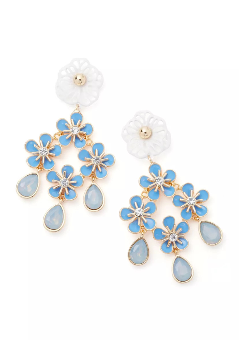 Gold Tone Blue Flower Chandelier Earrings | Belk