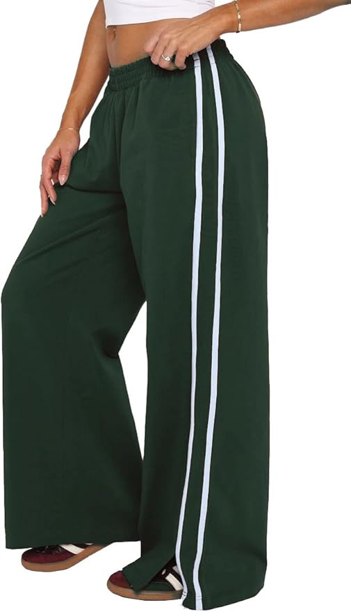 Women's Elasticated Waistband Side Pockets Double Stripe Split at Bottom Hem Wide Leg Pants | Amazon (US)