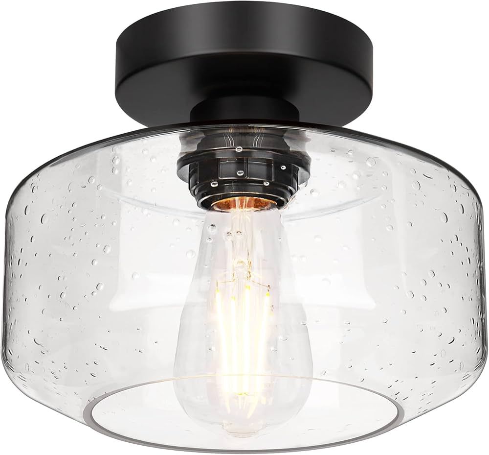 Industrial Semi Flush Mount Ceiling Light, 800 Lumen LED Bulb Included, Seeded Glass Shade Farmho... | Amazon (US)