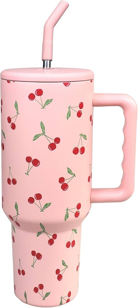 Cherry Tumbler with Straw and Lid Vacuum Insulated 40oz Pink Stainless Steel Cup Gifts for Women ... | Amazon (US)
