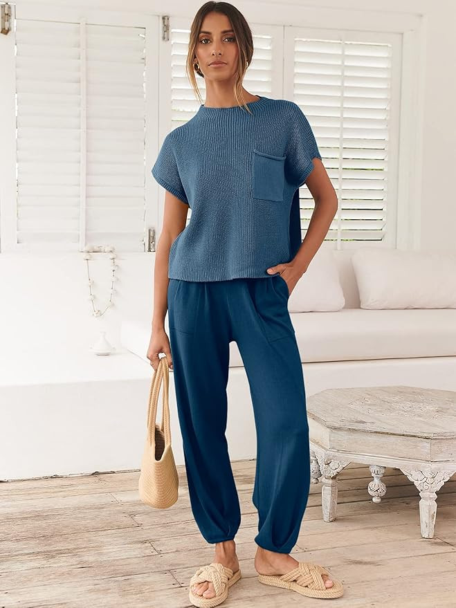 ANRABESS Women's Two Piece Outfits Knit Sweater Vest Crop Top Pants Lounge Matching Tracksuit Swe... | Amazon (US)