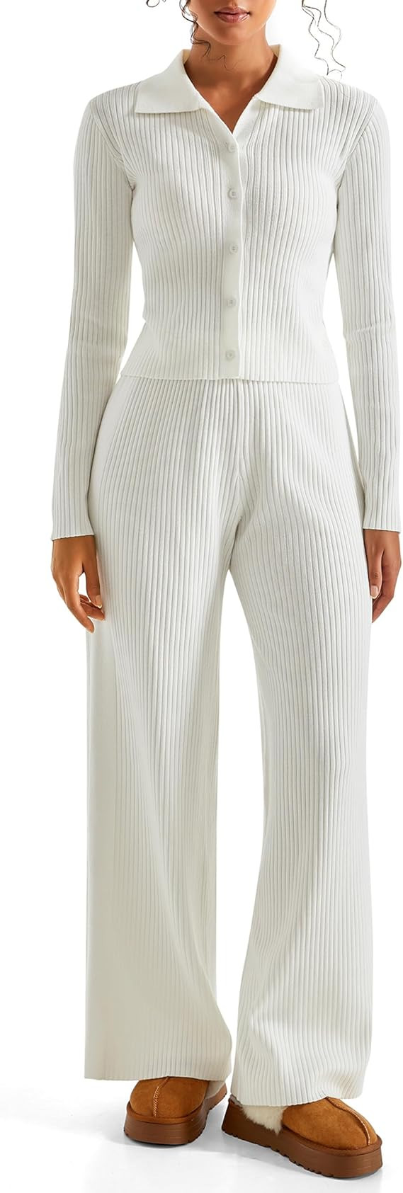 SUUKSESS Women Knit Long Sleeve Lounge Sets Ribbed Matching Comfy Two Piece Sets | Amazon (US)