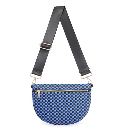 Woven Crossbody Bags For Women, Checkered Fashion PU Bum Bag Waist Pack, Travel Sling Purse with Adjustable Strap（Black and Blue) | Amazon (US)