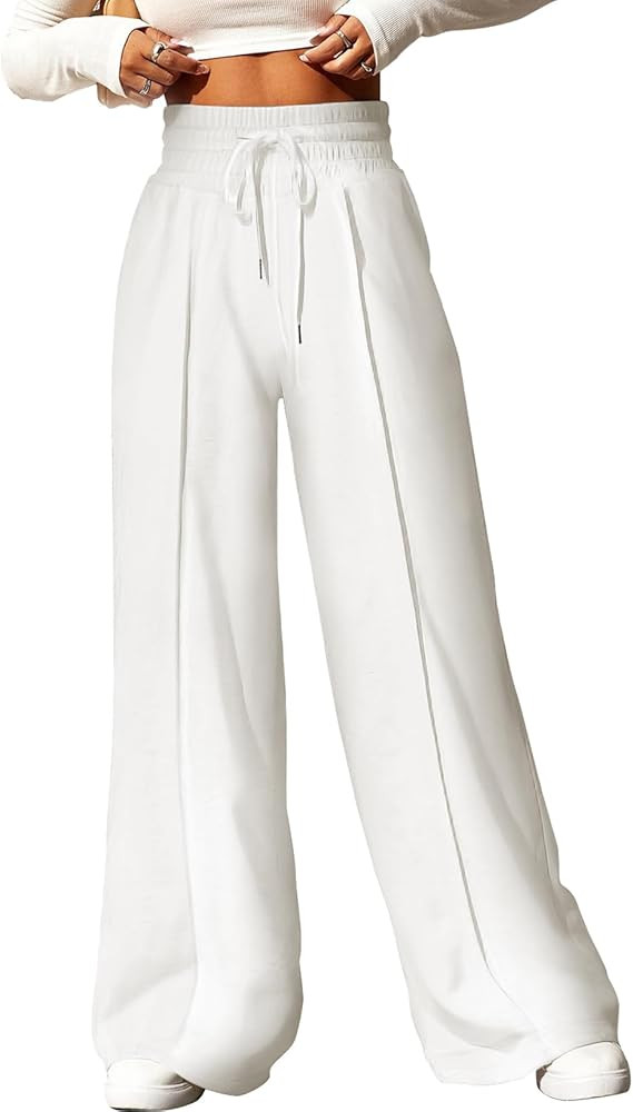 Aleumdr Wide Leg Sweatpants for Women Elastic High Waisted Drawstring Loose Pants with Pockets Wh... | Amazon (US)