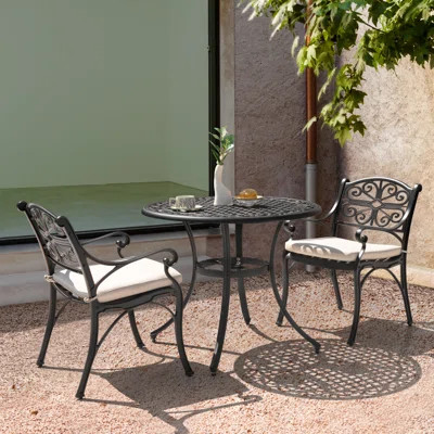 Outdoor 3-Piece Patio Set Cast Aluminum Bistro Table and Chairs of 2, with Umbrella Hole and Cushions for Patio, Balcony, Black with Gold-Painted Edge | Wayfair North America