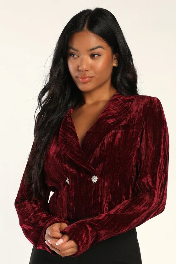 Burgundy Crushed Velvet Blazer | Red Blazer | Red Jacket | Winter Going Out Outfits Winter Jacket | Lulus (US)