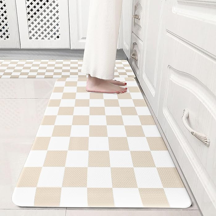 Cream Checkered Grid Checkerboard Kitchen Rug Sets [2 PCs], Anti-Fatigue, Waterproof Non-Slip Kit... | Amazon (US)