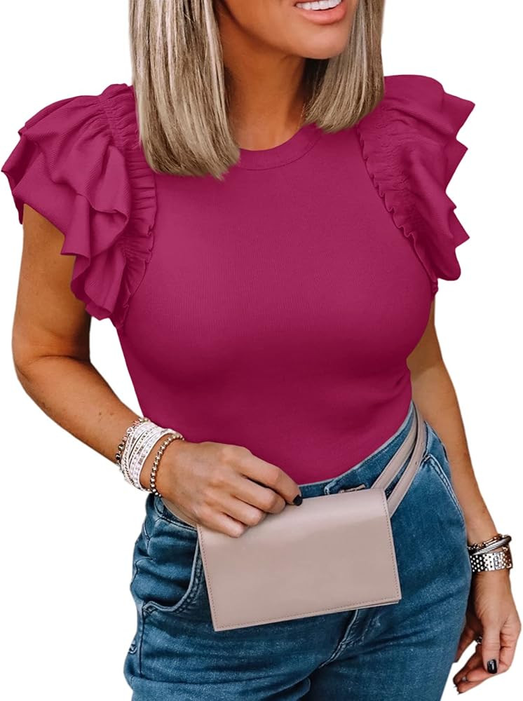 Womens Ruffle Short Sleeve Shirts Slim Fit High Neck Knit Ribbed Tops | Amazon (US)