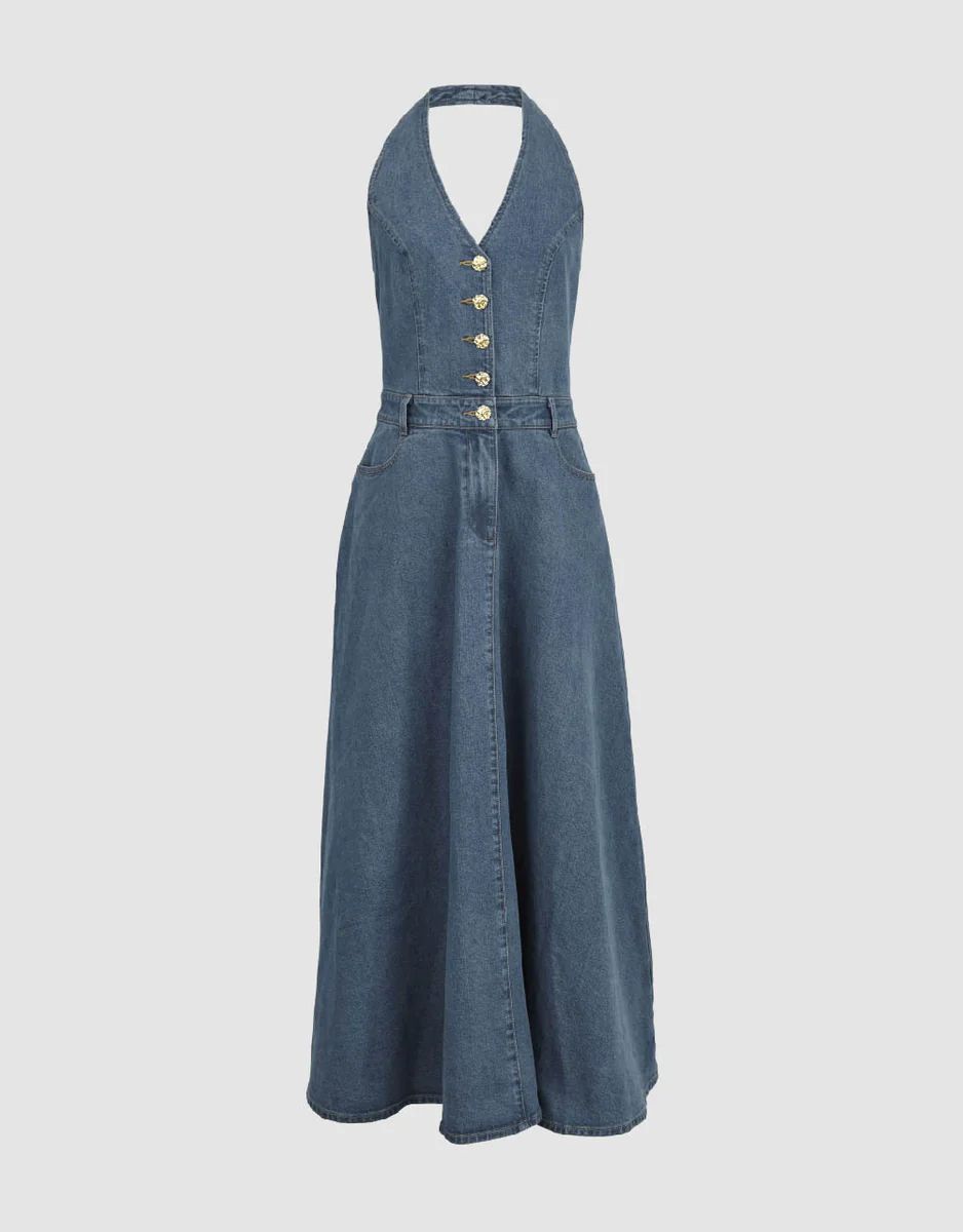 Halter Neck Sleeveless V-Neck Denim Dress | Urban Revivo