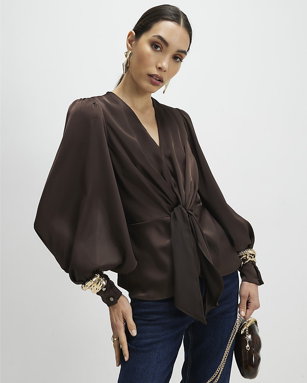 Brown Knot Front Top | River Island UK & IE