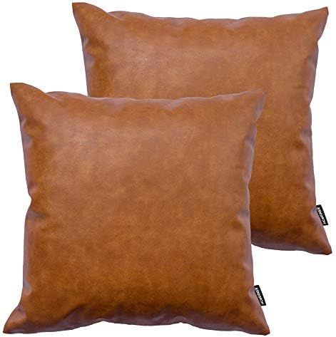 HOMFINER Faux Leather Throw Pillow Covers, 18 x 18 inch Set of 2 Thick Cognac Brown Modern Solid Dec | Amazon (US)