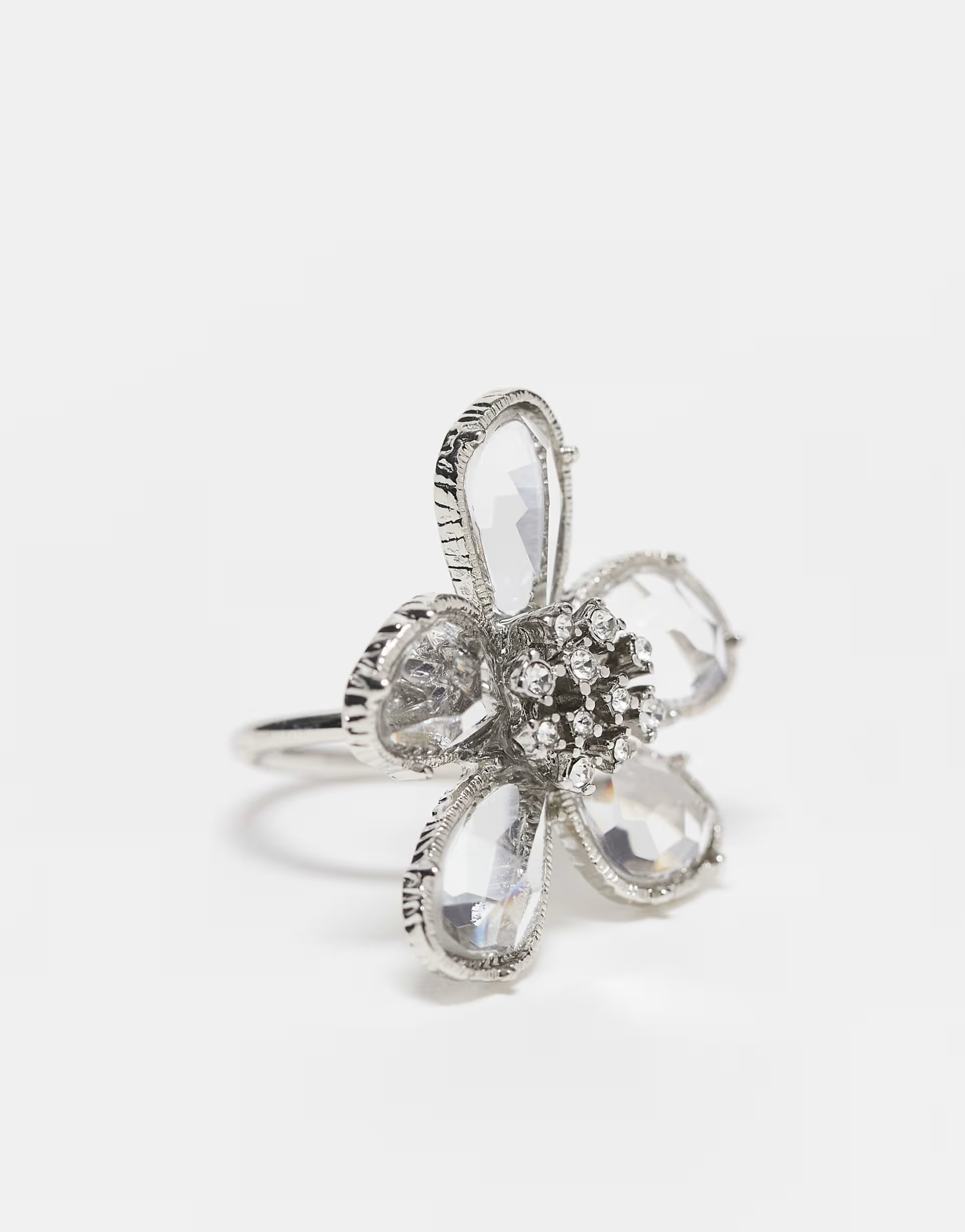ASOS DESIGN ring with crystal floral detail in silver tone | ASOS (Global)