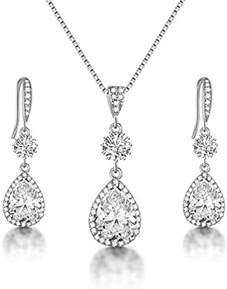 AMYJANE Elegant Jewelry Set for Women - Silver Teardrop Clear Cubic Zirconia Crystal Rhinestone D... | Amazon (US)