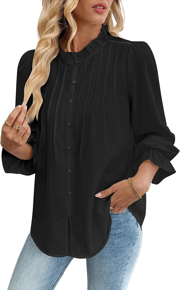 Bsubseach Women Puff Long Sleeve Shirt Textured Button Down Cotton Work Blouse Eyelet Ruffle Coll... | Amazon (US)
