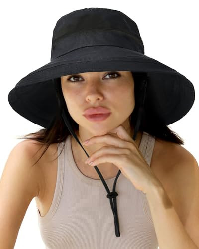 Sun Hats for Women Gardening Hat Wide Brim Ponytail Beach Sun Protection Breathable Cotton Summer Hat with Fold-Up Brim Black | Amazon (US)