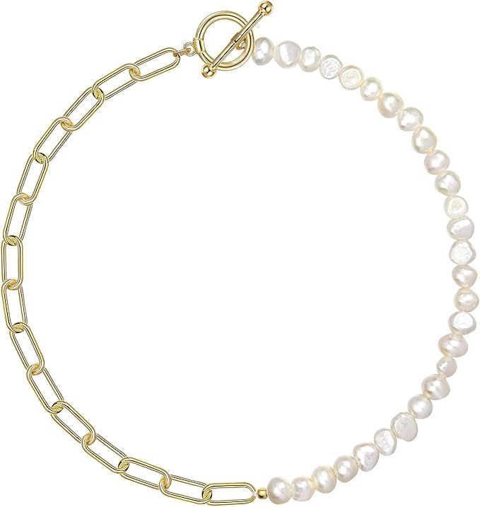 Cowlyn Paper Clip Necklace Pearl Vintage Chunky Link Chain 18K Gold Fashion Retro Charm Valentine... | Amazon (US)
