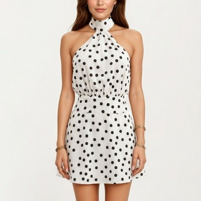 Anna-Kaci Women's Polka Dot Halter Mini Dress with High Neck Tie Detail Elastic Waist Fitted Silhouette - Large, White | Target