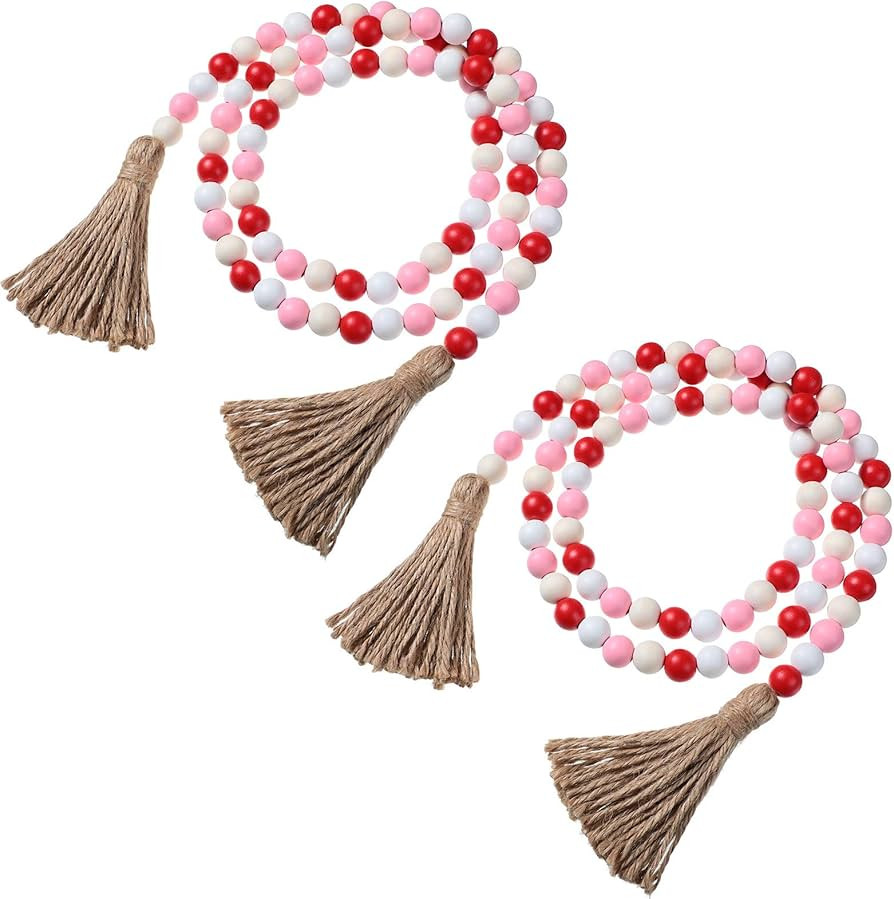 2 Pieces Valentine‘s Day Wood Beaded Garland with Tassel, Farmhouse Rustic Wood Bead Decor Boho... | Amazon (US)