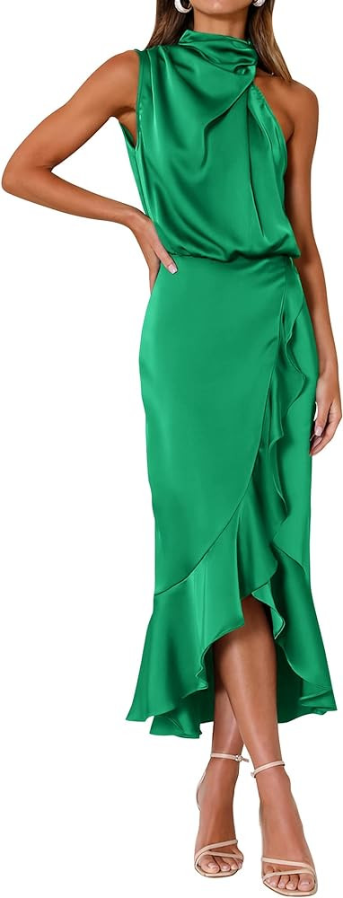 KIRUNDO Womens 2024 Summer Satin Mock Neck Party Cocktail Midi Dress Sleeveless Wrap Ruffle Merma... | Amazon (US)