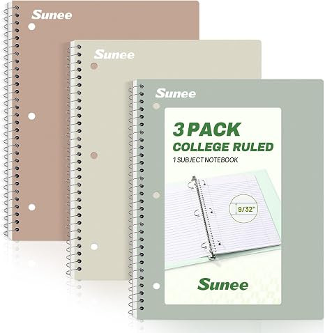 SUNEE Spiral Notebooks, 3 Pack, 1-Subject, College Ruled Paper, 8" x 10-1/2", 70 Sheets per Noteb... | Amazon (US)