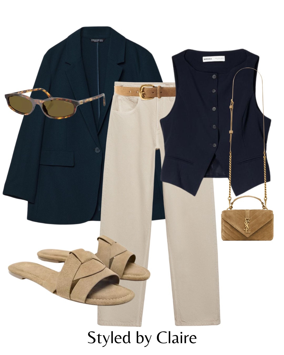 Navy & beige🙋🏽‍♀️
Tags: oversized blazer stripe cardigan top cream wide leg jeans suede belt cross sandals beige Zara ysl mini bag fashion spring summer inspo outfit ideas city break chic women’s capsule wardrobe Stradivarius mango 

#LTKsummer #LTKspring #LTKstyletip