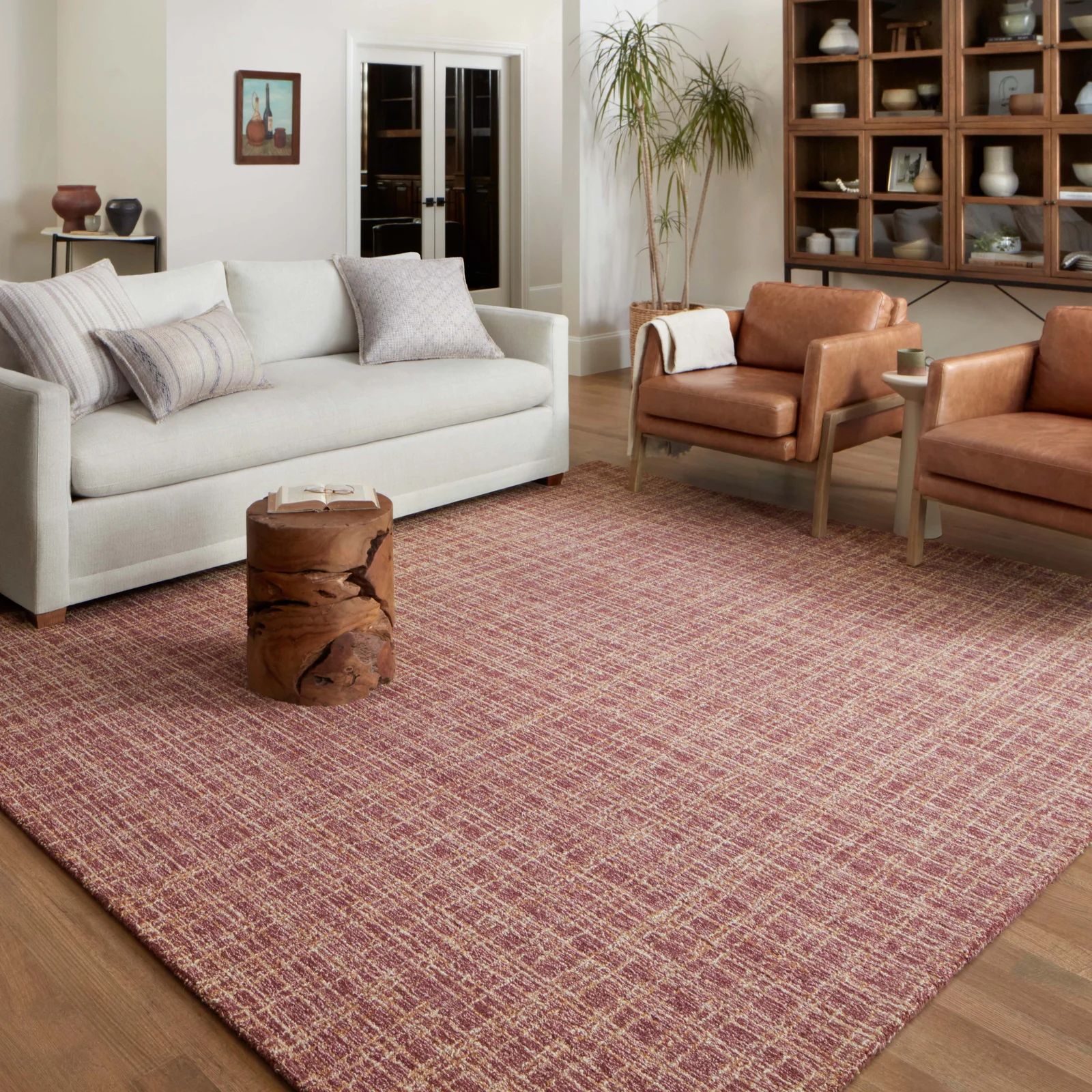 Checkered Handmade Tufted Area Rug in Berry/Natural | Wayfair North America