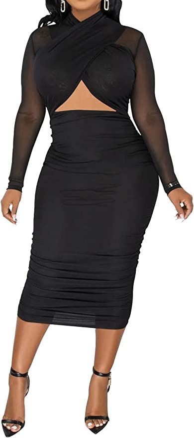 Women's Ruched Bodycon Midi Dress Mesh Long Sleeve Criss Cross Wrap Chest Hollow Out Cocktail Par... | Amazon (US)