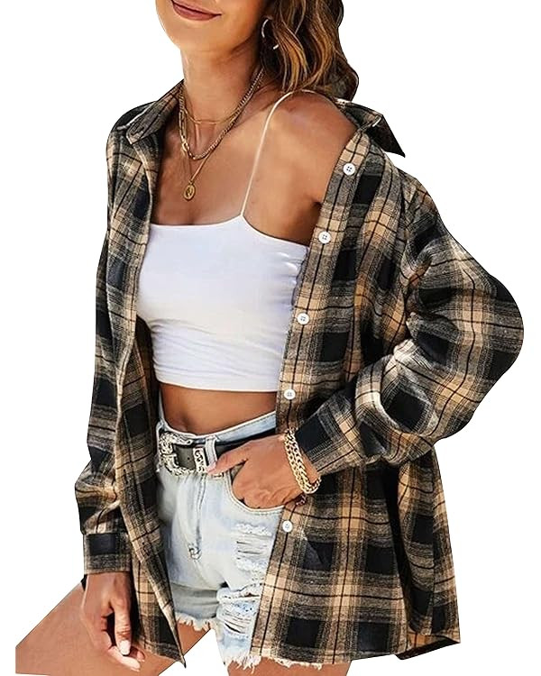 HangNiFang Womens Flannel Plaid Shirts Oversized Button Down Shirts Blouse Tops | Amazon (US)