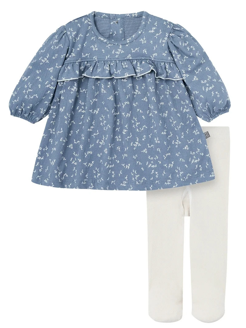 Modern Moments By Gerber Baby Girl Drop Shoulder Dress and Tights Outfit Set, 2-Piece, Sizes 0/3 ... | Walmart (US)