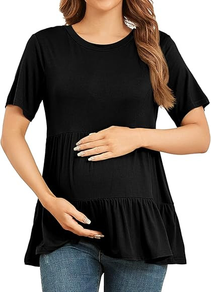 Women's Maternity T Shirts Short Sleeve Tiered Basic Casual Pregnancy Top | Amazon (US)