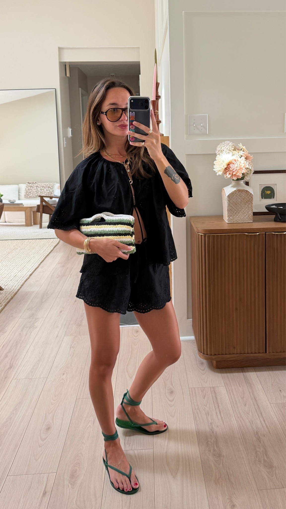 Small top xs shorts! I just wear a nude triangle bra under. Bag is from Crochet by Sydney on ig!