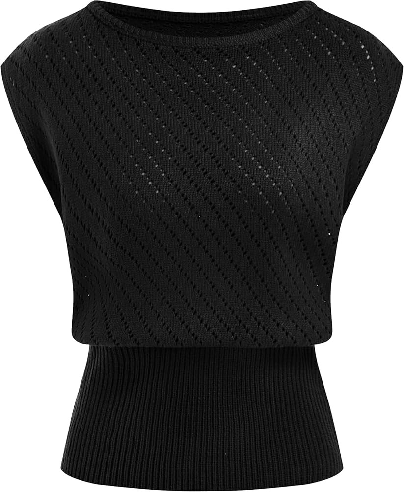 Womens Knit Vest Casual Crew Neck Hollow Out Ribbed Waist Summer Pullover Top Elegant Solid Regul... | Amazon (US)