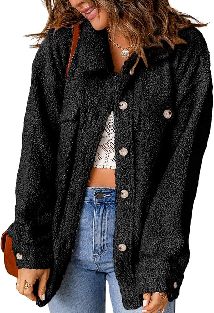CURBODO Women's Sherpa Fleece Jacket Coat Casual Fuzzy Teddy Shacket Warm Button Down Outwear wit... | Amazon (US)