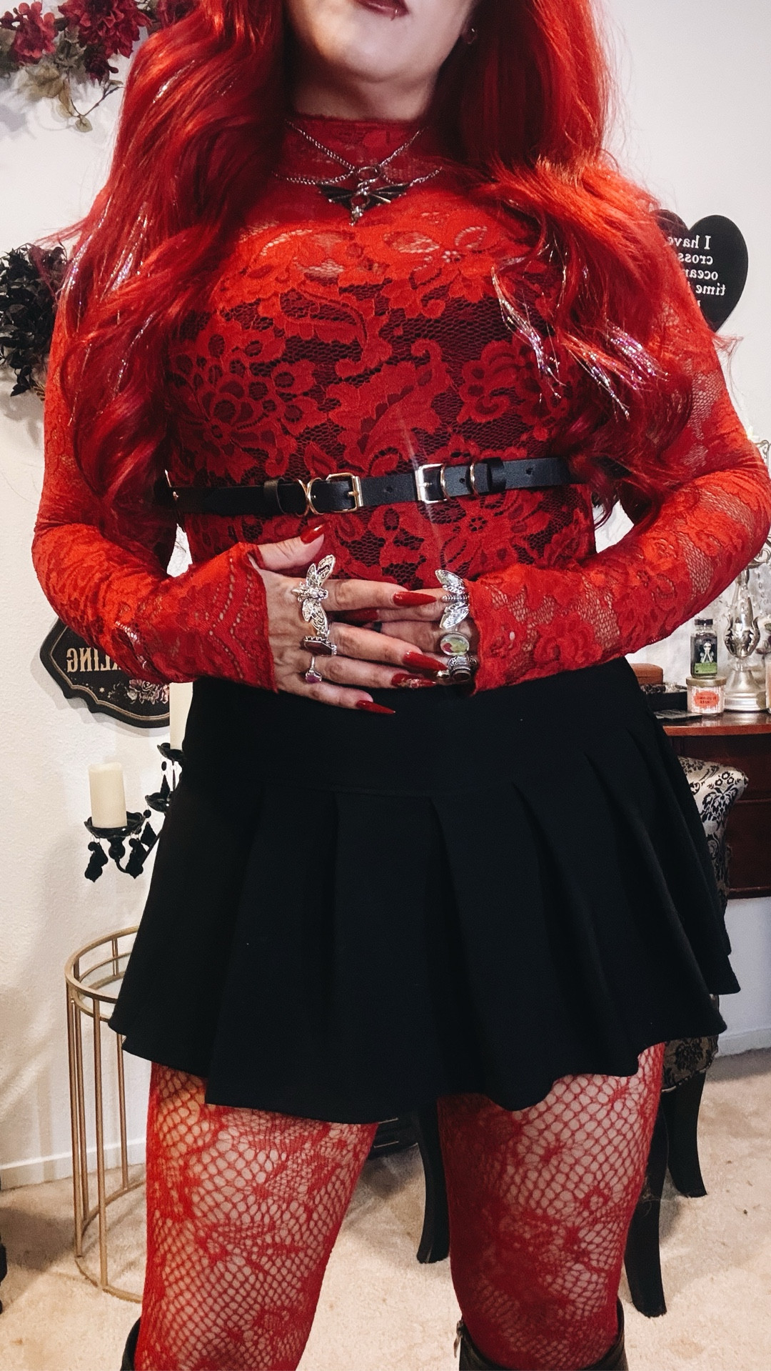 Goth fashion outfit featuring red lace, a black harness, and black boots. Perfect alternative fashion styling with lace textures, dark accessories, and a bold red-and-black aesthetic.

#LTKootd #LTKgrwm