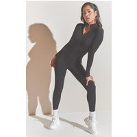 Black Structured Snatched Rib Zip Jumpsuit | PrettyLittleThing US