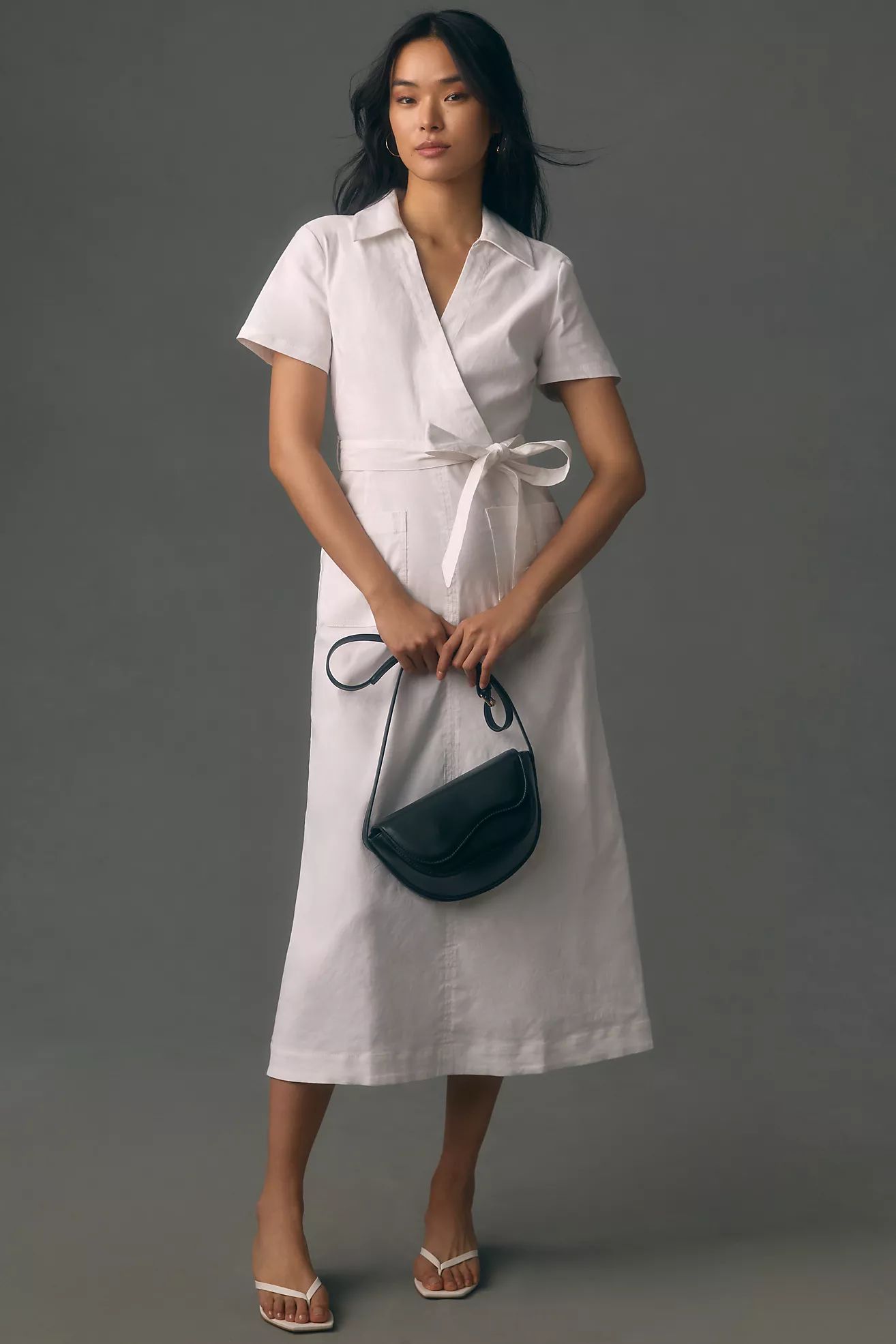 Maeve Short-Sleeve Linen Tie-Waist Midi Dress | Anthropologie (US)