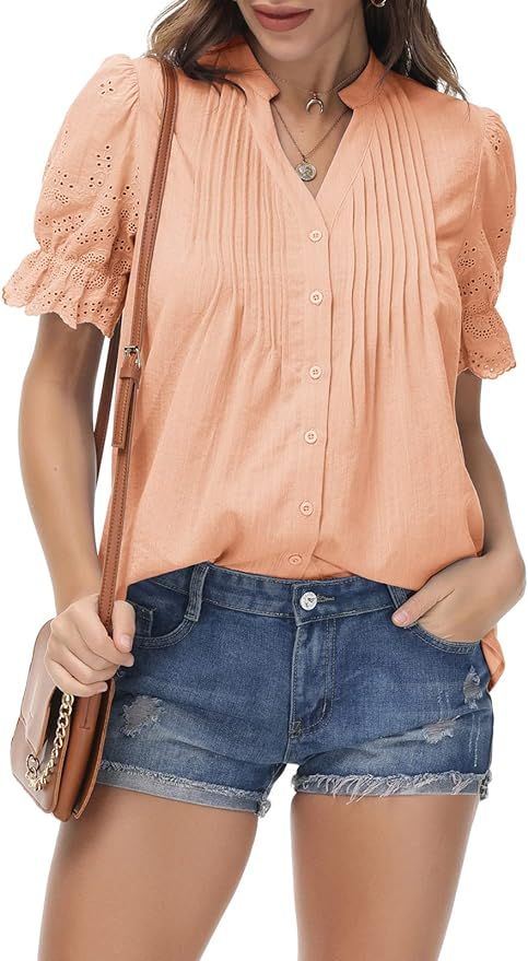 KANCY KOLE Women's V Neck Lace Crochet Button Down Shirts Short Lace Bell Sleeve Casual Flowy Blo... | Amazon (US)