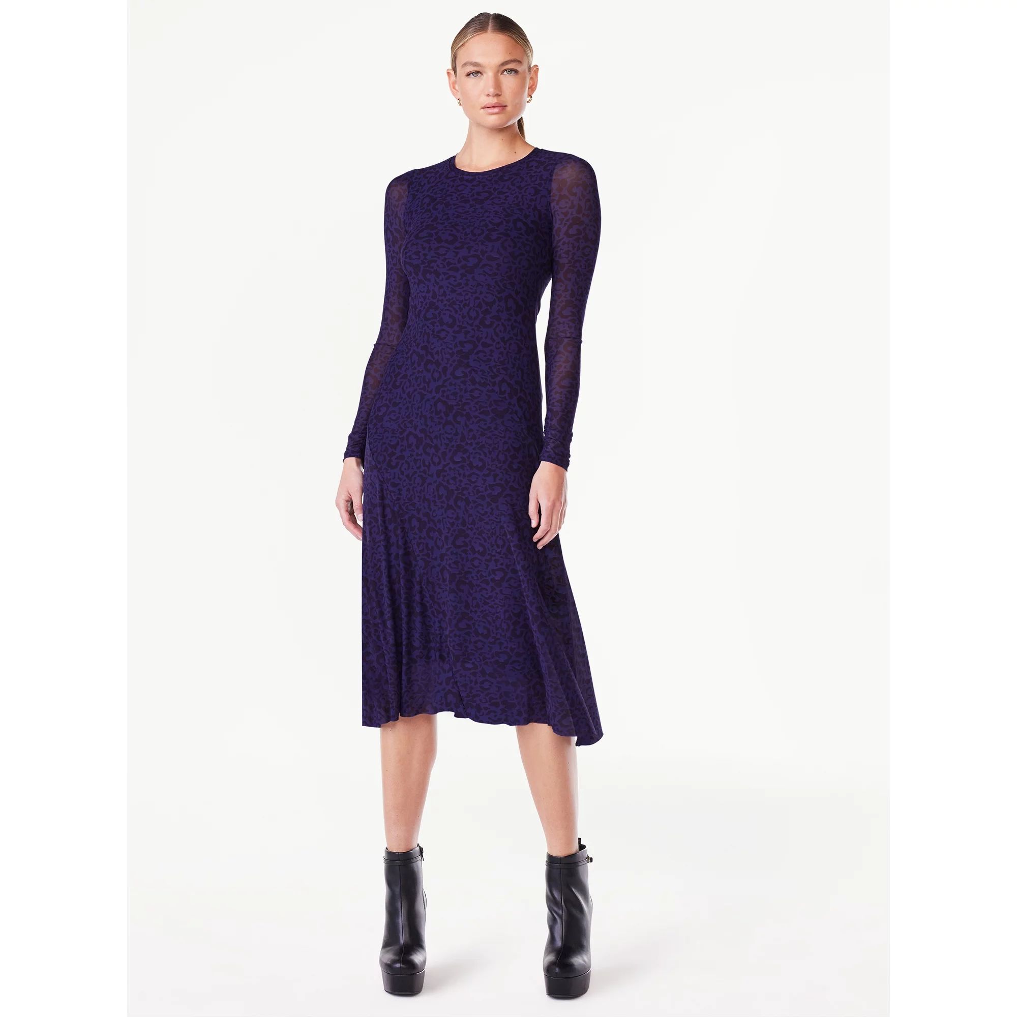 Scoop Women’s Long Sleeve Asymmetrical Seam Mesh Dress, Sizes XS-XXL - Walmart.com | Walmart (US)