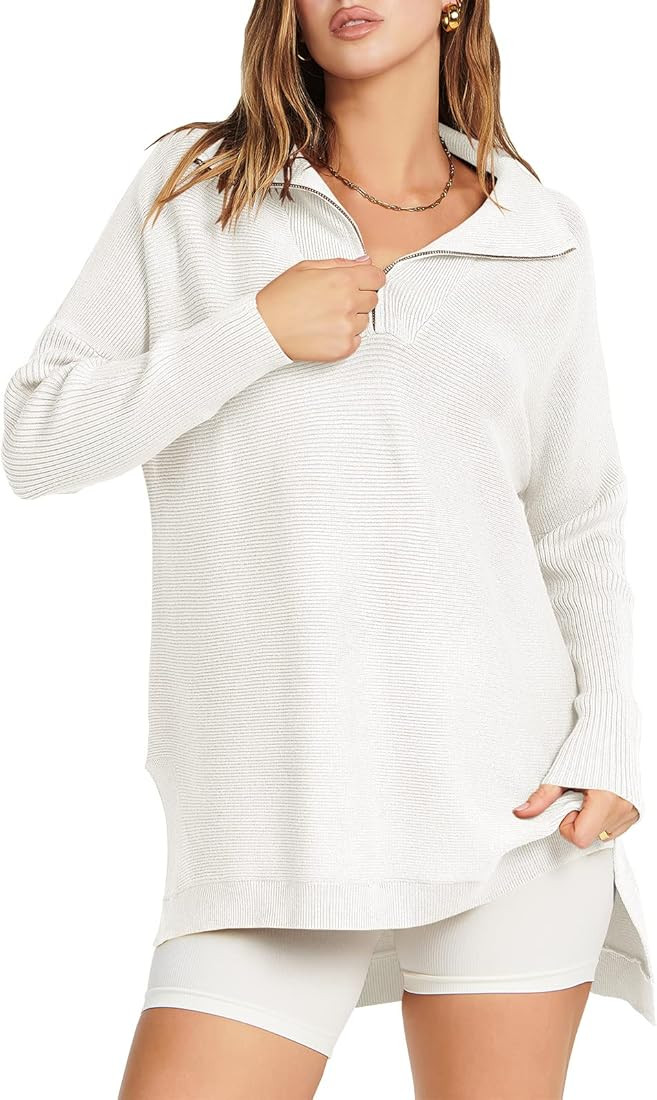 ANRABESS Women's 2022 Long Sleeve 1/4 Zipper V Neck Collar Oversized High Low Slit Side Knit Tunic P | Amazon (US)